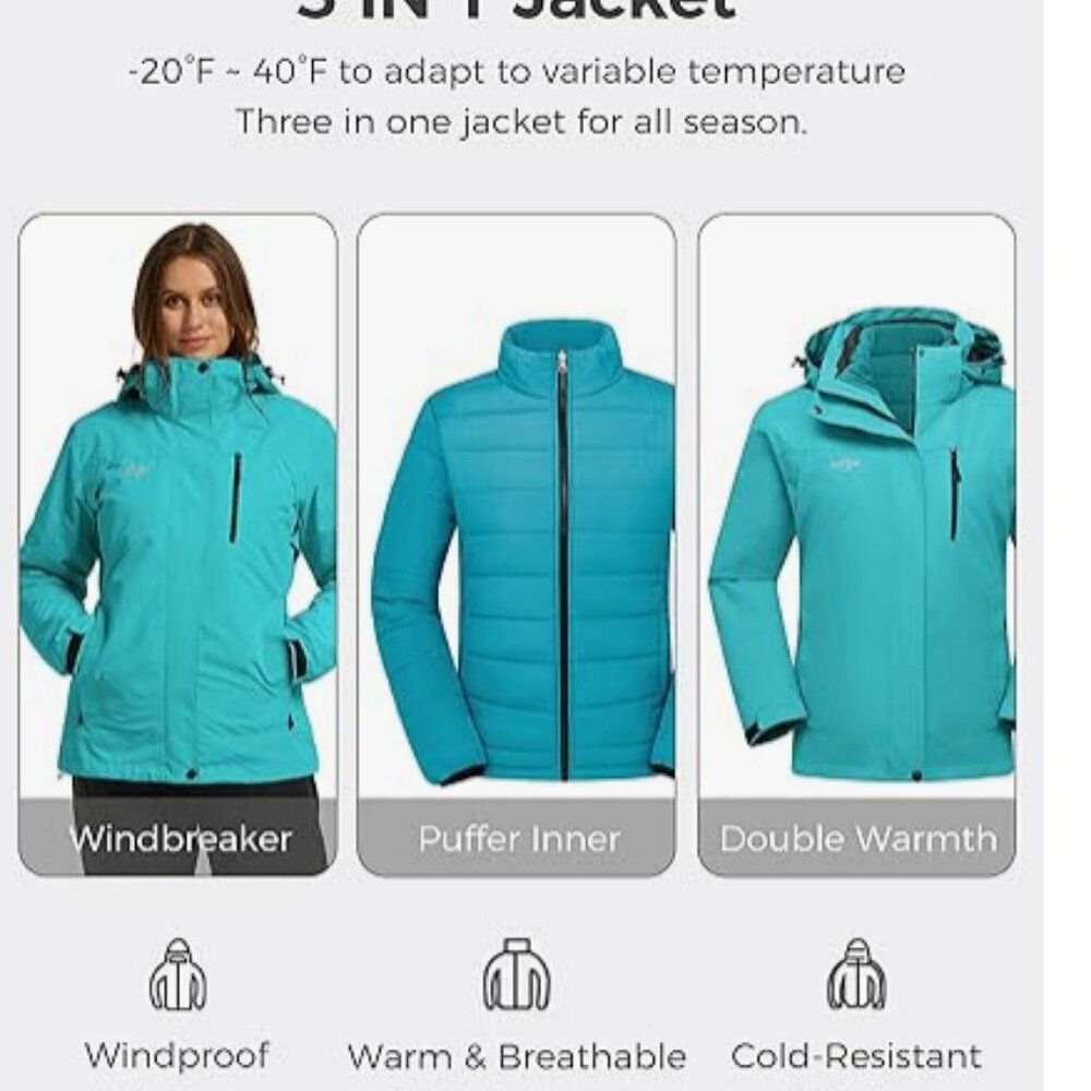 Wantdo Three-in-one Waterproof Ski Jacket Ladies Medium, Blue, not teal - Picture 4 of 5